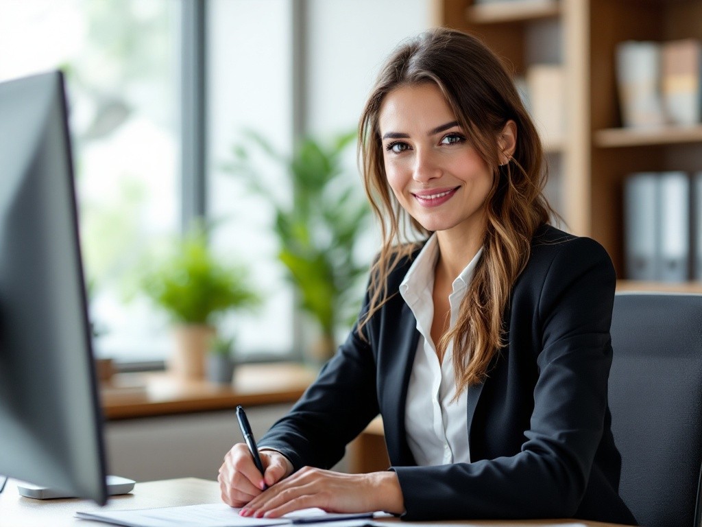A businesswoman sitting at her desk, smiling and looking at the camera.